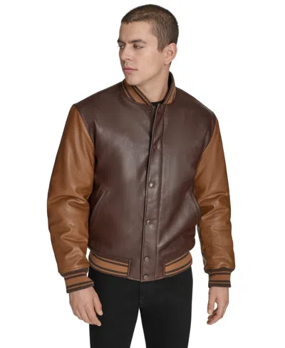 Champion Men's Faux Leather Varsity Jacket In Brown