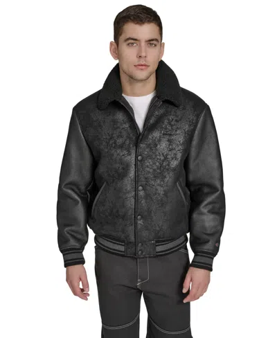 Champion Men's Faux Shearling Varsity Jacket In Black
