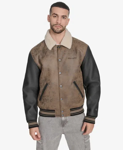 Champion Men's Faux Shearling Varsity Jacket In Brown