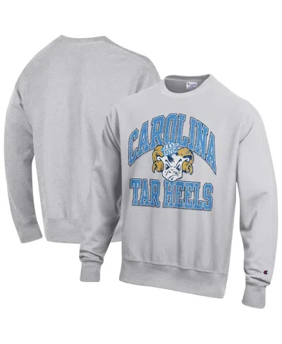 Champion Men's Gray North Carolina Tar Heels Distressed Arch Over Logo Reverse Weave Crew Neck Sweatshirt