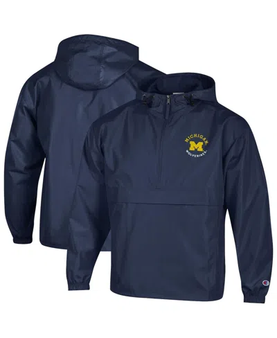 Champion Men's Navy Michigan Wolverines Packable Hooded Windbreaker Half-zip Jacket In Blue