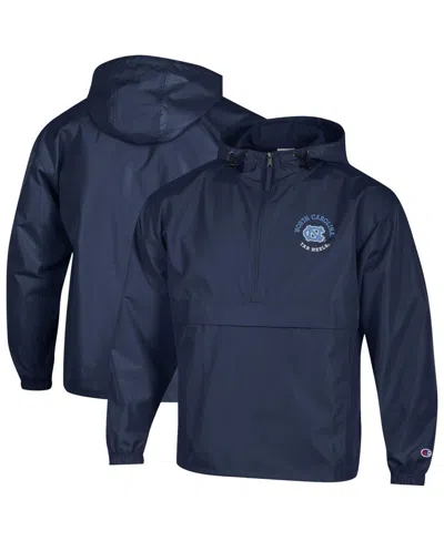 Champion Men's Navy North Carolina Tar Heels Packable Hooded Windbreaker Half-zip Jacket In Blue