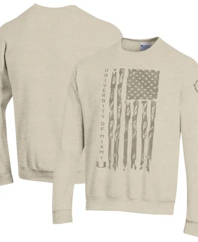 Champion Men's Oatmeal Miami Hurricanes Operation Hat Trick Flag Fleece Crewneck Sweatshirt In Neutral