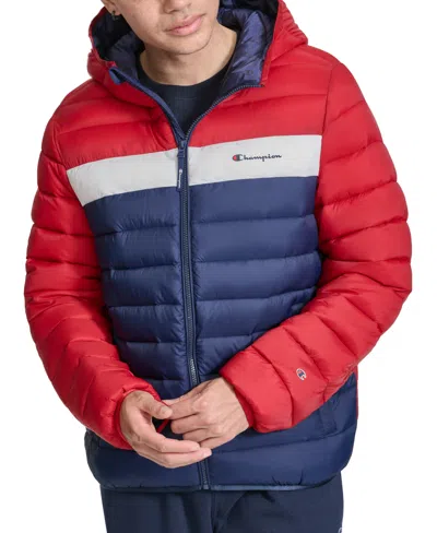 Champion Men's Performance Quilted Hooded Jacket In Midnight,buff,red