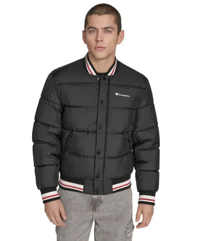 Champion Men's Quilted Varsity Puffer Jacket In Black