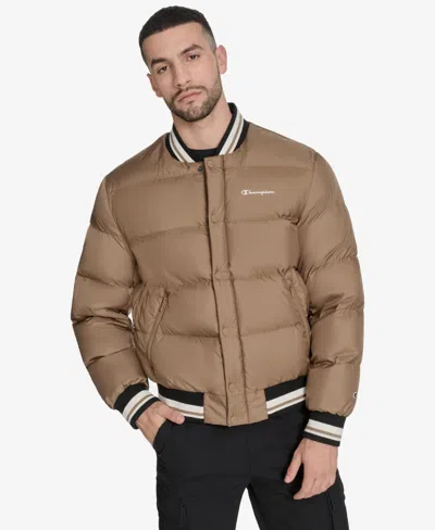 Champion Men's Quilted Varsity Puffer Jacket In Brown