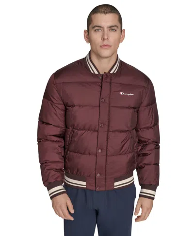 Champion Men's Quilted Varsity Puffer Jacket In Burgundy