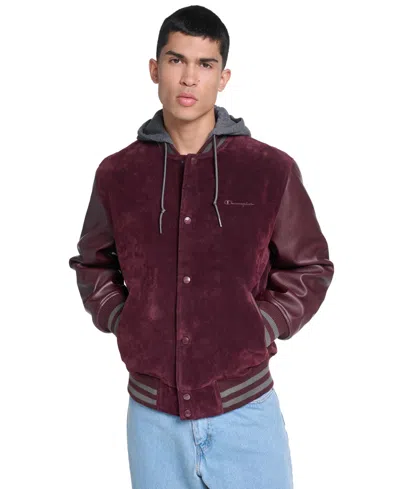 Champion Men's Varsity Faux Suede Leather Jacket In Burgundy
