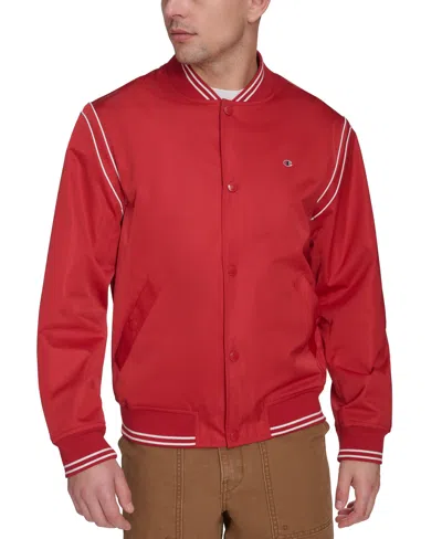 Champion Men's Varsity Stripe Bomber Jacket In Chili Pepper