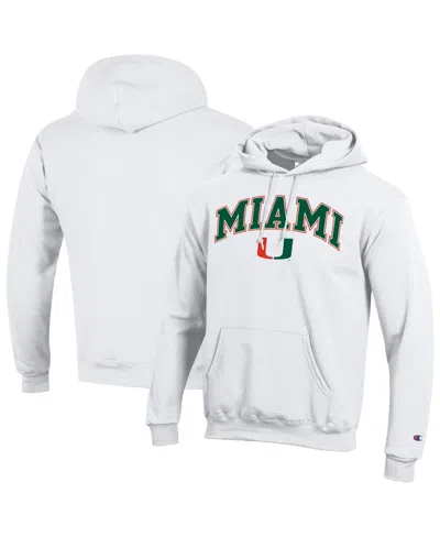 Champion Men's White Miami Hurricanes Arch Over Logo Pullover Hoodie In Gray