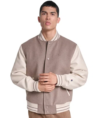 Champion Varsity Jacket With Faux Leather Sleeves In Pink