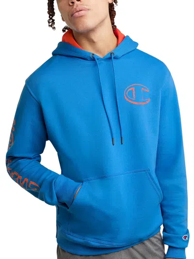 Champion Mens Ribbed Trim Plaid Logo Hoodie In Blue