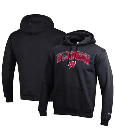 Champion Men'sâ Red Wisconsin Badgers Arched Logo Fleece Pullover Hoodie In Black