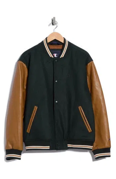 Champion Mixed Media Varsity Jacket In Green