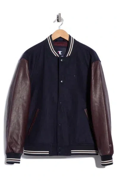 Champion Mixed Media Varsity Jacket In Blue