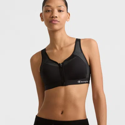 Champion Motion Control Zip Sports Bra, Wirefree, Script Logo In Black