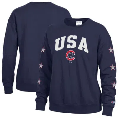 Champion Navy Chicago Cubs Americana Fleece Crewneck Sweatshirt In Blue