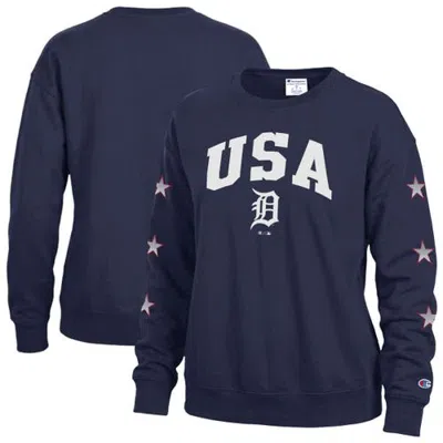 Champion Navy Detroit Tigers Americana Fleece Crewneck Sweatshirt In Blue