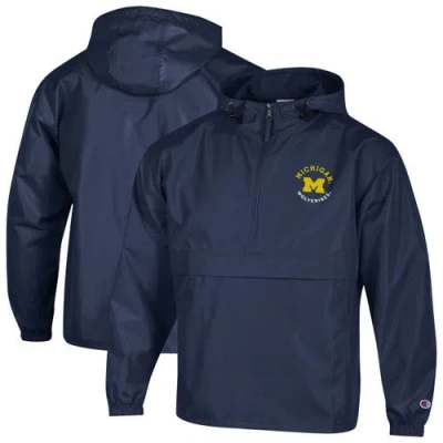Champion Navy Michigan Wolverines Packable Hooded Windbreaker Half-zip Jacket In Blue