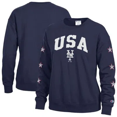 Champion Navy New York Mets Americana Fleece Crewneck Sweatshirt In Blue