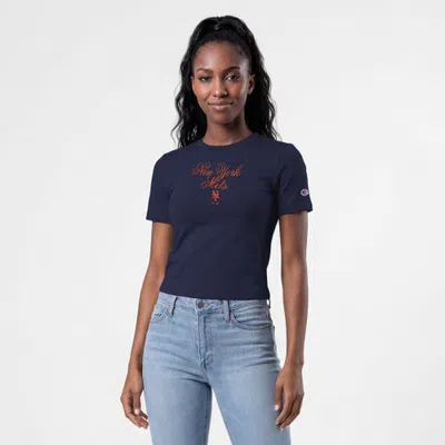 Champion Navy New York Mets Soft-touch Fitted Cropped T-shirt In Blue