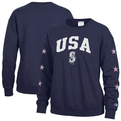 Champion Navy Seattle Mariners Americana Fleece Crewneck Sweatshirt In Blue