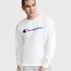 Champion Powerblend Crewneck Sweatshirt, Classic Script Logo In White