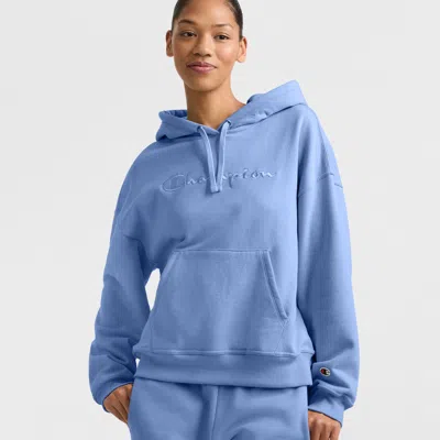 Champion Powerblend Hoodie, Relaxed, Full Embroidered Script Logo In Blue