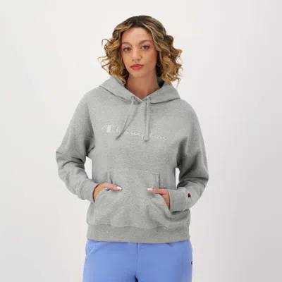 Champion Powerblend Hoodie, Relaxed, Full Embroidered Script Logo In Gray
