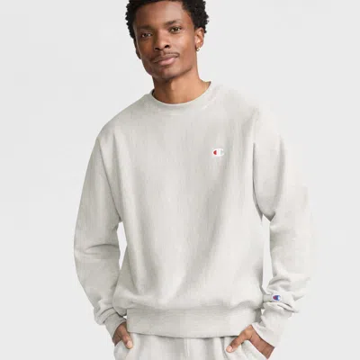 Champion Reverse Weave Crewneck Sweatshirt, White Vintage Script Logo In Gray