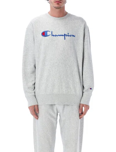 Champion Reverse Weave Crewneck Sweatshirt With Embroidered Chest Logo In Gray