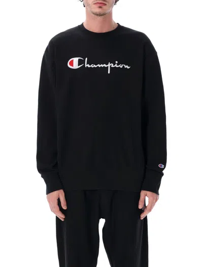 Champion Reverse Weave Crewneck Sweatshirt With Embroidered Chest Logo In Black