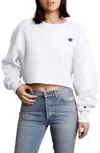 Champion Reverse Weave Cropped Cut Off Crew Raw Hem Sweatshirt In White In White