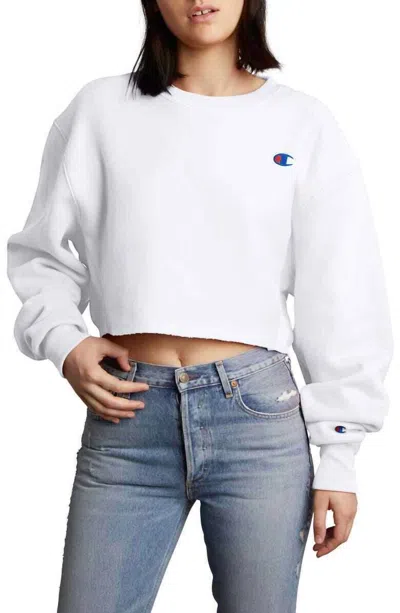 Champion Reverse Weave Cropped Cut Off Crew Raw Hem Sweatshirt In White