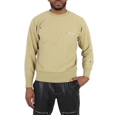 Champion Sand Reverse Weave Script Logo Crew Sweatshirt In Green