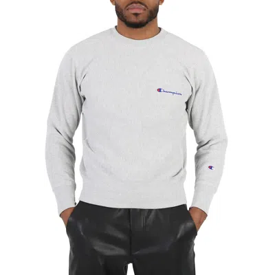 Champion Silver Grey Reverse Weave Script Logo Crew Sweatshirt In White