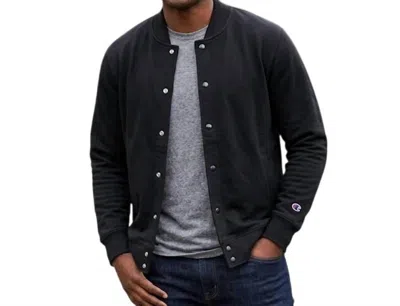 Champion Snap Up Athletic Wear Varsity Bomber Jacket In Black In Blue