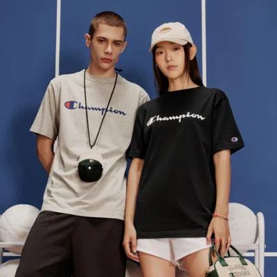 Champion 【品牌直营】夏季男女同款短袖t恤草写logo情侣装休闲纯棉 In Black