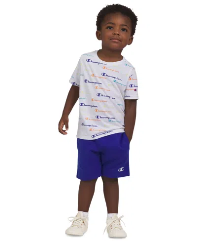 Champion Kids' Toddler & Little Boys Short-sleeve Printed T-shirt & Fleece Shorts, 2 Piece Set In Bright White