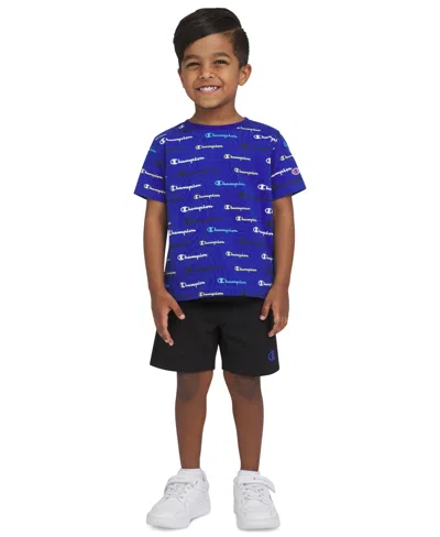 Champion Kids' Toddler & Little Boys Short-sleeve Printed T-shirt & Fleece Shorts, 2 Piece Set In Surf The Web