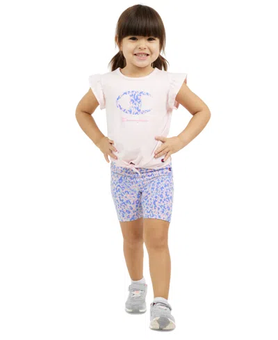 Champion Kids' Little Girls Logo-graphic Flutter-sleeve T-shirt & Bike Shorts, 2 Piece Set In Blush