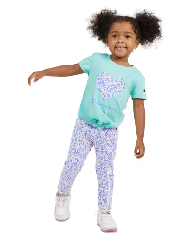Champion Kids' Toddler & Little Girls Logo Graphic T-shirt & Printed Leggings, 2 Piece Set In Aruba Blue