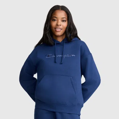 Champion Tonal Script Freshman Powerblend Hoodie In Blue Depths