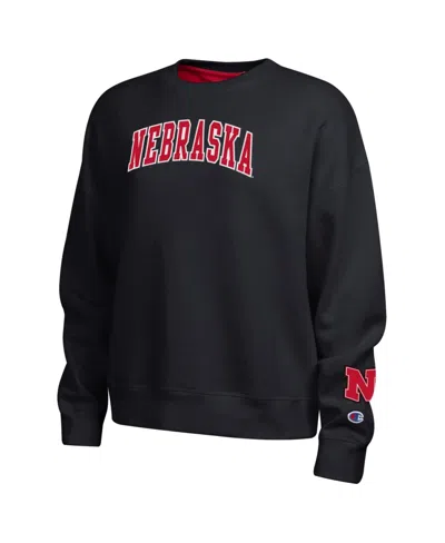 Champion Women's  Black Nebraska Huskers Fleece Crew Sweatshirt In Animal Print