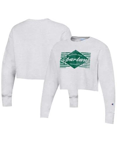 Champion Women's  Heather Gray Distressed Michigan State Spartans Reverse Weave Cropped Pullover Swea