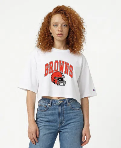 Champion Women's Cleveland Browns Oversized Cropped T-shirt In White