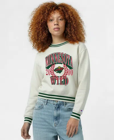 Champion Women's Cream Minnesota Wild Bold Laurels Reverse Weave Yarn Crewneck Sweatshirt In Neutral