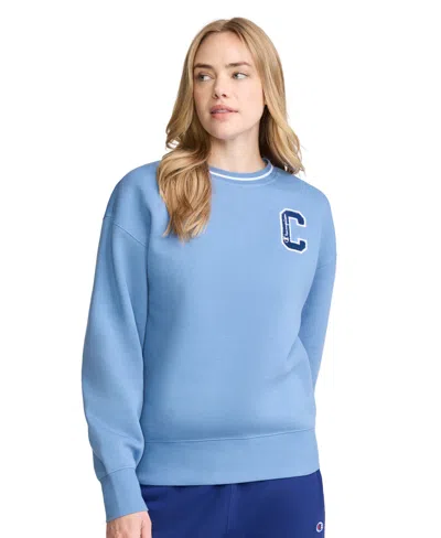 Champion Women's Crew W C Patch Long-sleeve Chenille Sweatshirt In Riviera