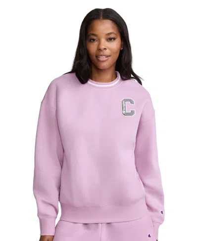 Champion Women's Crew W C Patch Long-sleeve Chenille Sweatshirt In Smoky Grape