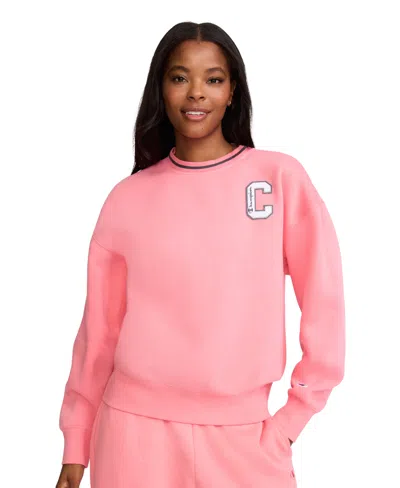 Champion Women's Crew W C Patch Long-sleeve Chenille Sweatshirt In Strawberry Pink